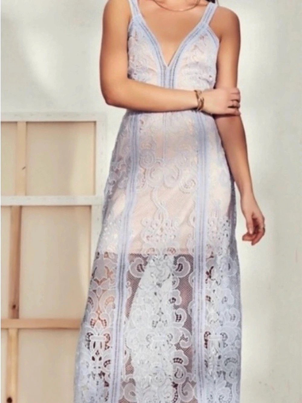 ALICE MCCALL Wanderlust Lace Maxi Dress 8 Medium Blue Nude